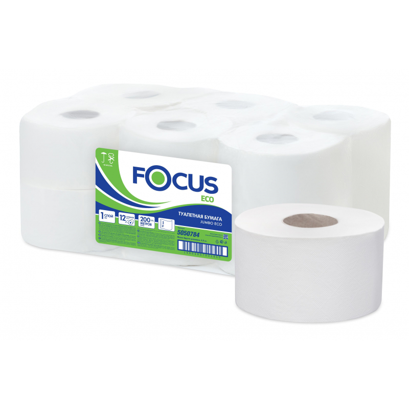 Туалетная бумага однослойная Focus Jumbo ЭКО, длина 200 м, 12 рул/уп