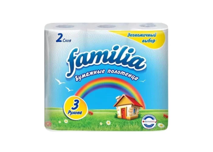 Полотенце бумажное двухслойное Familia Радуга, белое, 3 рулона/уп
